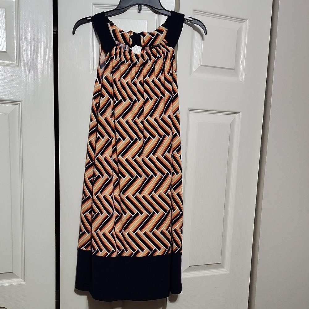 Enfocus Studio Navy Blue and Tan Halter Midi Dress
